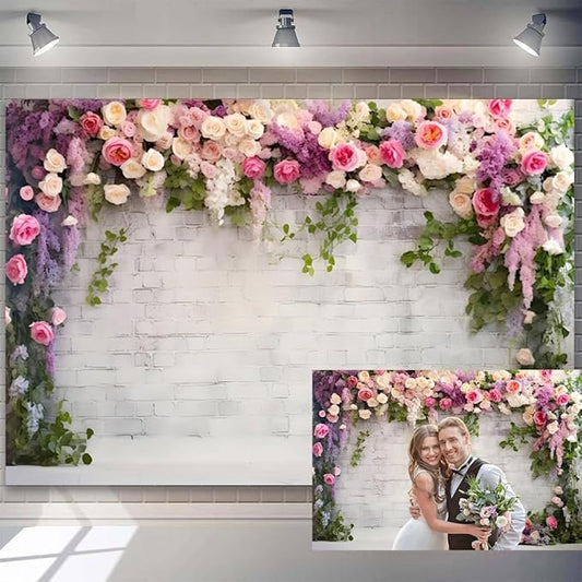 12x8ft Retro White Brick Wall Floral Backdrop Romantic Roses Vine Leaves Photography Background Girls Birthday Party Wedding Bridal Shower Flowers Brick Wall Decoration Supplies Photo Booth Props