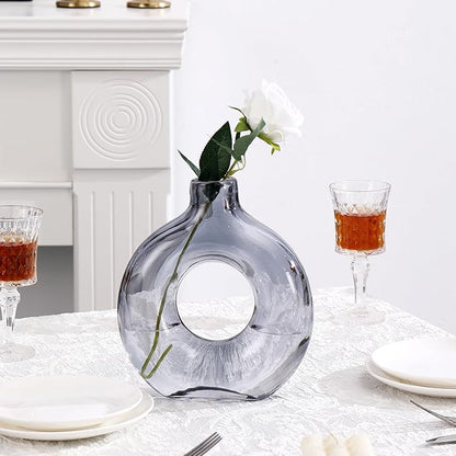 Glass Donut Vase, Grey Glass Vase, Flower Vase, Decorative Vase, Modern Vase, Round Glass Vases for Home, Living Room, Dining Table, Entryway, Mantle, Shelf, Wedding, Office, Coffee Table