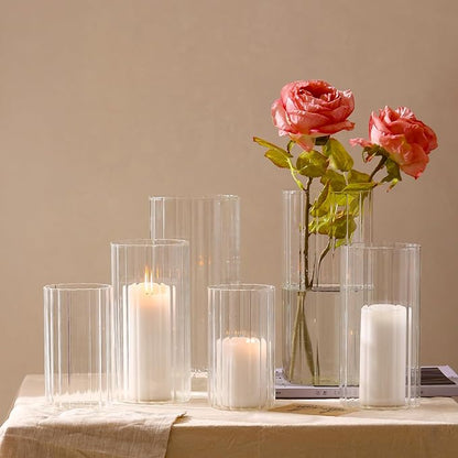 PHOSPHOR 6 PCS Ribbed Glass Candle Holder, Cylinder Candle Holders for Pillar Candles, Clear Glass Hurricane Candle Holders 6'', 8'', 10'' Glass Cylinder Centerpieces Vases