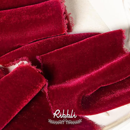 Ribbli Burgundy Velvet Ribbon 3 Inch Handmade Frayed Vintage Christmas Ribbon for Gift Wrapping Christmas Tree Ornament Wreath Craft Home Decor -3 Yards
