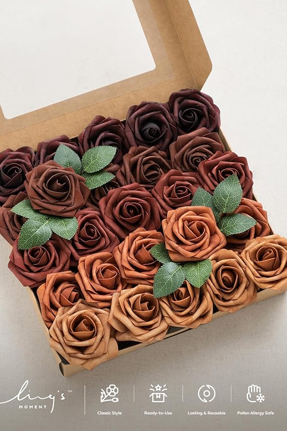 Ling's moment Artificial Flowers, 25Pcs 3" Roses in Terracotta Shades, Realistic DIY Foam Floral Decor for Wedding Bouquets/Centerpieces, Outdoor Party Backdrops, Room/Table, Garden/Pot Decorations