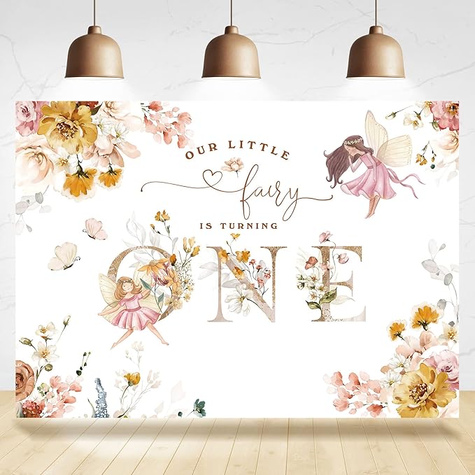 Floral Fairy 1st Birthday Backdrop for Photography Flowers Fairy Tale Tea Wonderland Princess Girl Happy First Birthday Party Background Decoration Banner Supplies Photo Booth Props 7x5ft