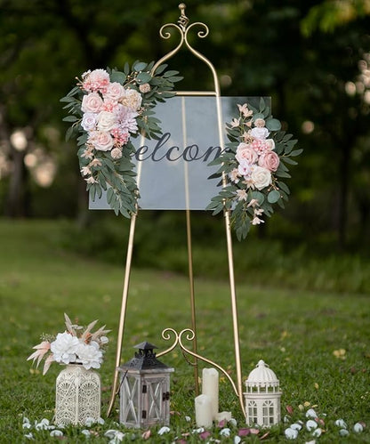 Artificial Flower Swag Wedding Arch Flowers Set of 2 Rose Flower Swag Arrangements for Wedding Party Welcome Ceremony Sign and Reception Backdrop Floral Decoration (Pink)