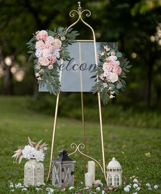 Artificial Flower Swag Wedding Arch Flowers Set of 2 Rose Flower Swag Arrangements for Wedding Party Welcome Ceremony Sign and Reception Backdrop Floral Decoration (Pink)
