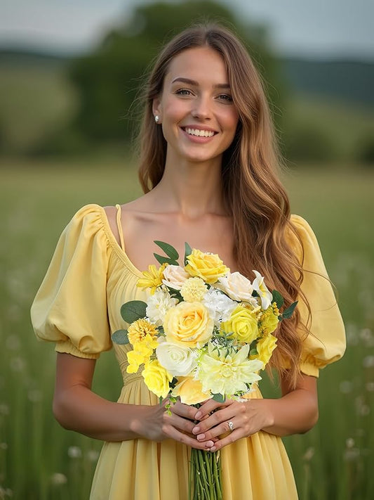 Multi Use Artificial Flowers Combo for DIY Centerpieces Arrangements Wedding Bridal Bouquet Table Chair Decor Candle Holder Baby Shower Cake Decor Flower Strips Home Décor (Yellow)