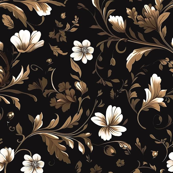 Vintage Wallpaper Peel and Stick Black Floral Wallpaper Black White Wall Paper Gold Leaf Contact Paper Waterproof Self-Adhesive Wall Covering for Bathroom Countertop Desk Cabinet 17.4" x 118"