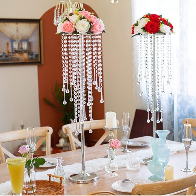 29.5 inches Tall Silver Vases Wedding Centerpieces, Elegant Metal Flower Candle Holder with Chandelier Crystal,for Wedding Party Event,Birthday,Reception,New Year Home Decorations