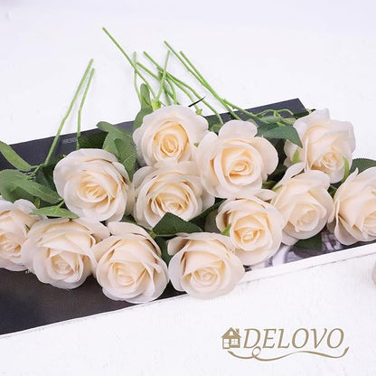 52pcs Champagne Roses Artificial Flowers Fake Flowers Silk Roses with Stems for DIY Wedding Bouquets Bridal Shower Centerpieces Arrangements Party Decorations