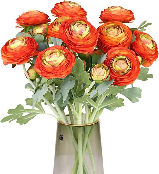 Orange Artificial Ranunculus Flowers with Real Touch Stem, Autumn Colour Ranunculus Flowers(10 Pack) (Orange)