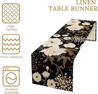 Black Gold Floral Table Runner, Retro Peony Rose Flowers Oriental Style Gothic Garden Print Table Runner for Farmhouse Kitchen Indoor Outdoor Decoration, 13x36inch