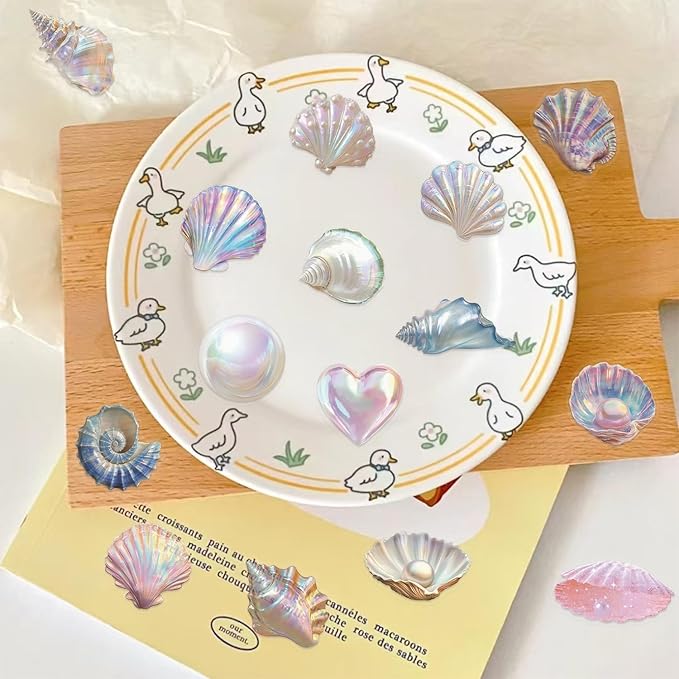 50 Pcs Sea Shell Stickers Waterproof, Transparent PET Aesthetic Stickers, Nautical Clam Shell Pearl Decals for DIY Crafts, Journals, Planners, Laptop & Water Bottle Decor