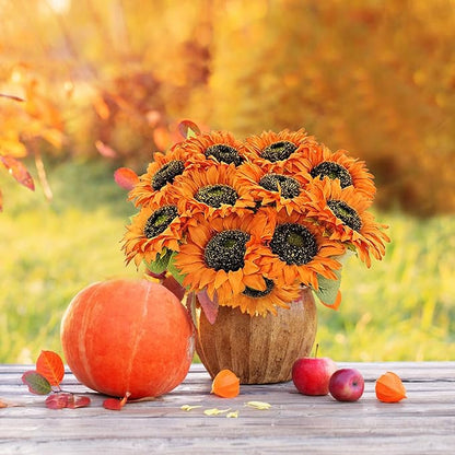 10 Pcs Sunflowers Artificial Flowers with Long Stems Silk Fake Large Sunflowers Bulk Bouquet Fall Decorations for Outdoor Indoor Home Vase Table Wedding Party Garden DIY Decor (Orange)