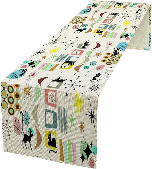 Colorful Geometric Table Runner,Vintage Mid Century Cute Cat Abstract Morden Print Tablecloth Burlap for Hotel Indoors Outdoor Dining Room Kitchen Home Decor, 13x90in