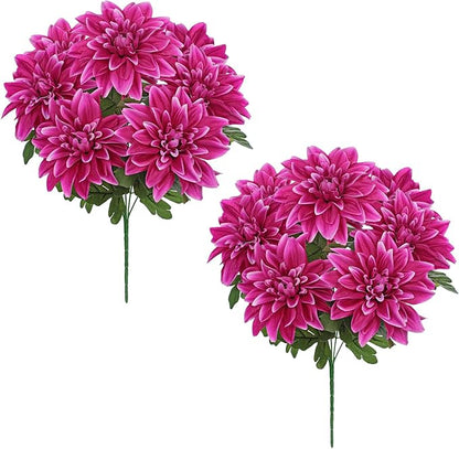 Hollyone 2Pcs Purple-Pink Artificial Dahlia Flowers with Stem Bushes 7 Heads Silk Fake Dahlias Flowers Wedding Bouquets Faux Dahlia Flower Floral Arrangements for Party Table Centerpieces Home Decor