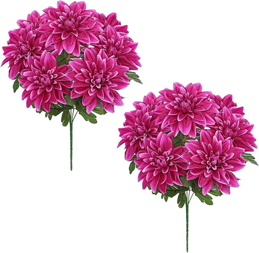Hollyone 2Pcs Purple-Pink Artificial Dahlia Flowers with Stem Bushes 7 Heads Silk Fake Dahlias Flowers Wedding Bouquets Faux Dahlia Flower Floral Arrangements for Party Table Centerpieces Home Decor