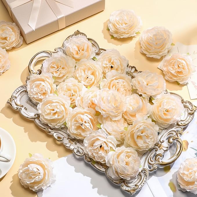 200 Pcs Flowers Long Stem Artificial Rose Bulk, 3.2 Inches Silk Rose Head Flowers Faux for Wedding Bridal Bouquet Independence Day Home Floral DIY Centerpieces Party Decoration(Champagne)