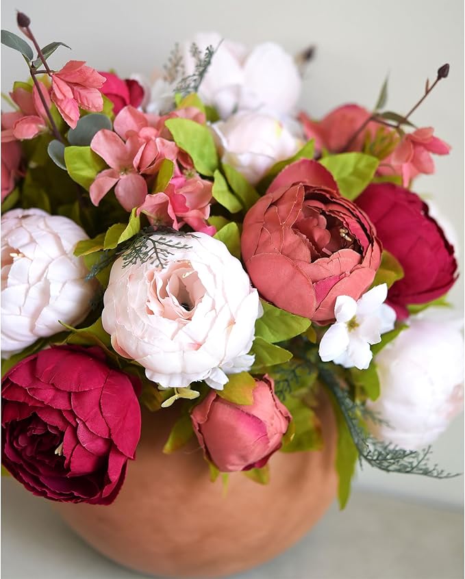 FiveSeasonStuff Burnt Pink and Dusty Pink Vintage Artificial Peonies Silk Flowers and Hydrangeas for Wedding Bridal Home Decor – Beautiful Floral Centerpiece Bouquet (Fireside Romance)