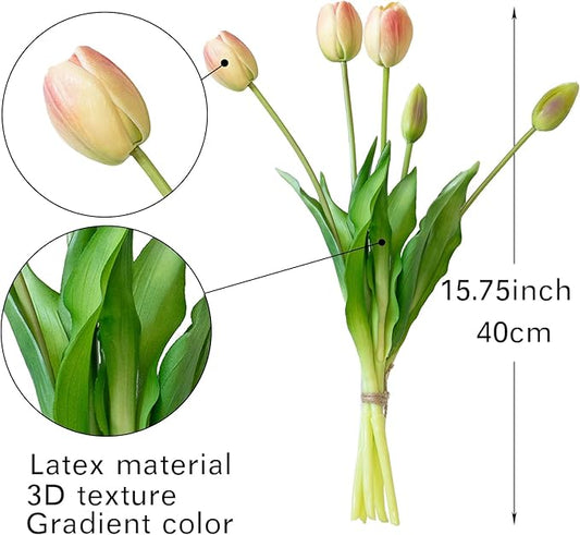 15pcs Artificial Tulips Flowers, Real Touch Latex Bouquet, Fake Tulips for Office Wedding Party Home Kitchen Garden Decoration-B Pink Champagne