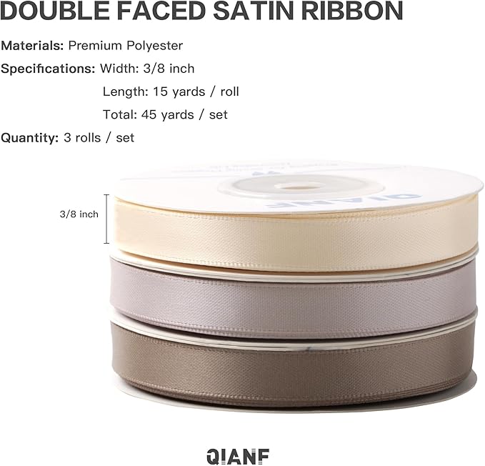 Champagne Double Face Satin Ribbon 3/8 Inch x 45 Yards Ivory Fabric Ribbon for Gift Wrapping, Flower Bouquets, Hair Bows Making, Wedding Decoration, Invitation Cards, Christmas (3 Rolls *15Yd)