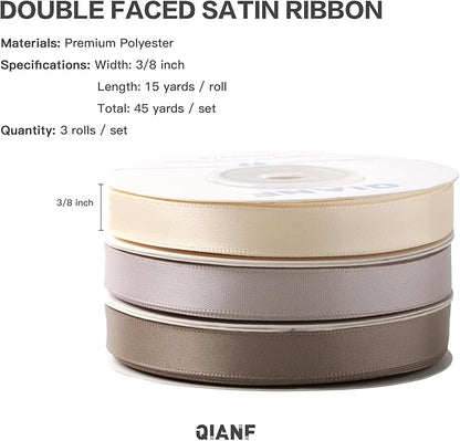Champagne Double Face Satin Ribbon 3/8 Inch x 45 Yards Ivory Fabric Ribbon for Gift Wrapping, Flower Bouquets, Hair Bows Making, Wedding Decoration, Invitation Cards, Christmas (3 Rolls *15Yd)