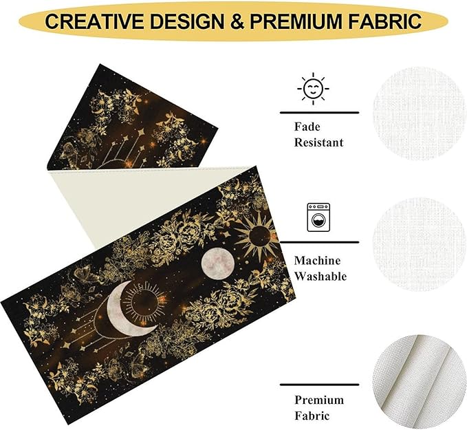 Boho Floral Table Runner, Spring Gothic Moon Phase Wildflower Mystical Witchy Farmhouse Coffee Table Center Decor for Home Kitchen Dining Patio Holiday Party Table Decorations 13x90 inches