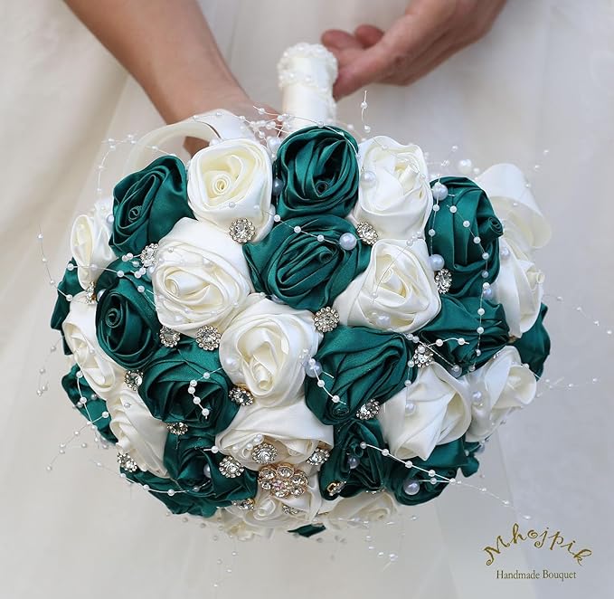 Bridal Wedding Bouquet Round Bling Brooch Bouquet Throw Toss Artificial Rose Flower Bunch for Bride Bridesmaid Wedding Quinceanera(Dark Green & Ivory, 8.7")