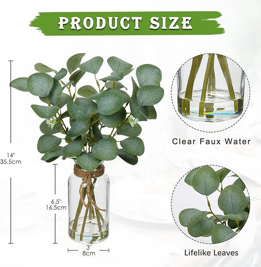 Briful Artificial Eucalyptus Stems in Glass Vase with Faux Water, 14" Fake Plant Eucalyptus Leaves for Home Bathroom Office Farmhouse Wedding Centerpiece Décor