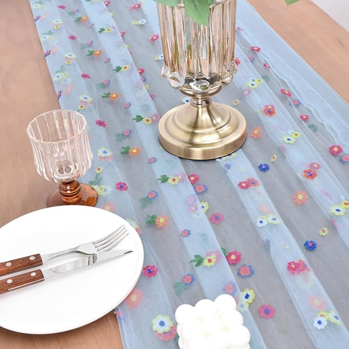 Joanlody 3pcs Blue Embroidery Daisy Christmas Table Runner Florals Seasonal Tulle Table Runner Holiday Kitchen Dining Table Decoration Wedding Party
