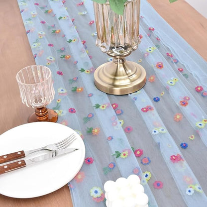 Joanlody 3pcs Blue Embroidery Daisy Christmas Table Runner Florals Seasonal Tulle Table Runner Holiday Kitchen Dining Table Decoration Wedding Party