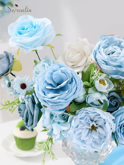 Serwalin Artificial Flowers,Blue Silk Fake Flowers Box for DIY Wedding Bridal Bouquet, Wedding Cake Flowers for Table Centerpieces Birthday Party Bridal Shower Home Decorations