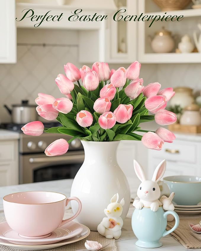 MACTING 30 PCS Artificial Tulip Flowers 13.7" Real Touch Fake PU Tulips Bouquet Faux Flowers for Floral Arrangements Table Centerpiece Kitchen Home Indoor Outdoor Summer Decorations(Peach Pink)