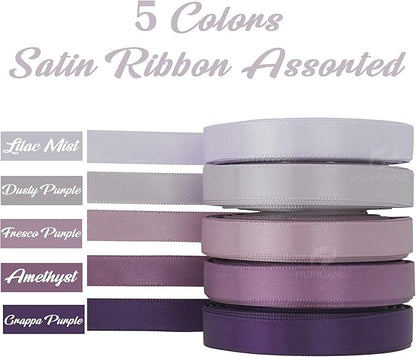 HUIHUANG Satin Ribbon 3/8 inch x 5 Rolls, Lilac, Dusty Purple, Lavender, Amethyst and Purple for Crafts, Gift Wrapping, Hair Decor, Wedding, Bridal Shower Decor - Total 50 Yards