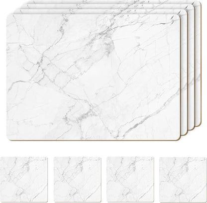 Set of 4 Heat Resistant Cork Placemats for Dining Table with Free Set of 4 Matching Drink Coasters Marble Design 16 x 12 Inches Cork Backed Hard Placemats (White Marble)