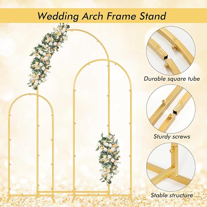 Wedding Arch Backdrop Stand Set of 3, Metal Stand with Arch Cover, Wedding Balloon Stand for Birthday, Baby Shower, Anniversary, Graduation Decoration