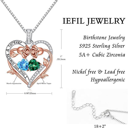 Iefil Rose Heart Double Birthstone Necklace Gifts for Wife Her Mom Women, Birthstone Jewelry Gemstone Birthday Gifts for Girlfriend Grandma Her Wife Women
