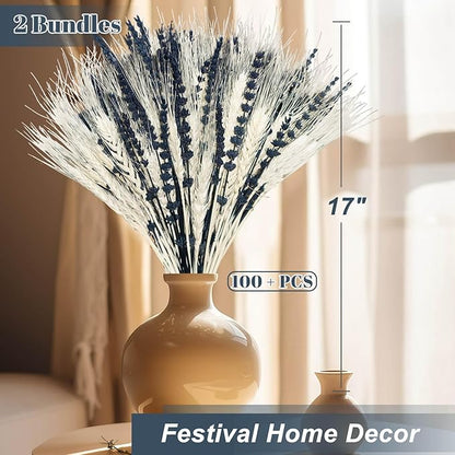Dried Lavender & Wheat Flowers Bundle - 17'' Real Fresh Preserved Lavender Flowers and White Wheat Plants Bouquet Hand Tied Fall Wedding, Fragrance Home Vase Decor, Bohemian Arrangements, 2 Bundles