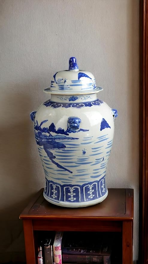 19" Antique Like Finish Blue and White Ginger Jars Porcelain Temple Ceramic Ginger Jar Vase, Antient Landscape China Ming Style, Jingdezhen (L19)