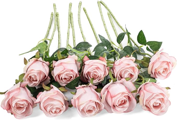 Flojery 10pcs Artificial Rose Flowers Long Stem Fake Silk Roses for DIY Wedding Bouquet Table Centerpiece Home Decor (Light Pink)