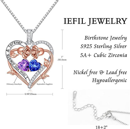Iefil Rose Heart Double Birthstone Necklace Gifts for Wife Her Mom Women, Birthstone Jewelry Gemstone Birthday Gifts for Girlfriend Grandma Her Wife Women