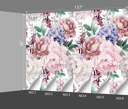 Pink Peony Floral Wallpaper Bedroom Botanical Flowers Leaf murals Aesthetic Room Decor Living Room tv Background Large Wall Mural - 137"x96" Not Peel and Stick
