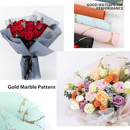 NESCCI 20 Sheet Flower Wrapping Paper - Waterproof Floral Bouquet Wrapping Paper, Florist Supplies Packaging Paper for Wedding Birthday Gift DIY (Marble Black)