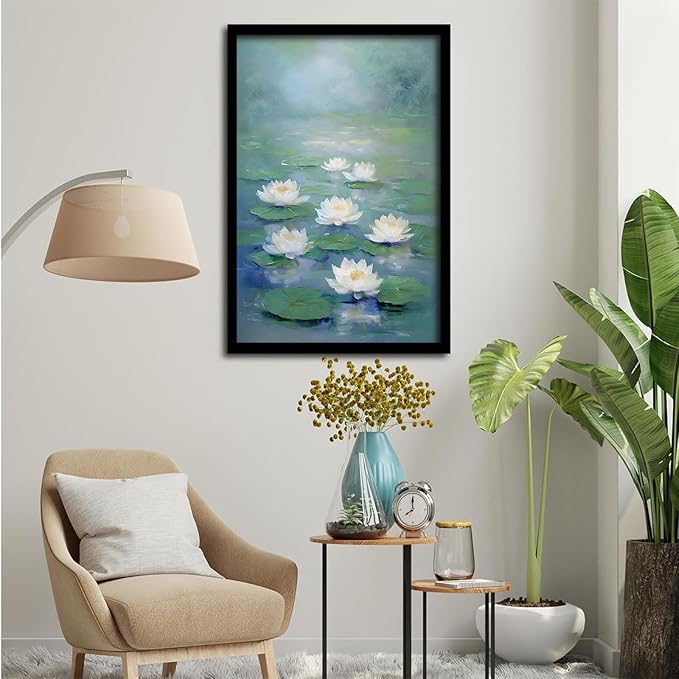 Zen wall art Delicate white lotus flower floating on calm water Vintage oil painting print Serene aquatic wall art creates a tranquil home decor 24x36in Metal blackFramed