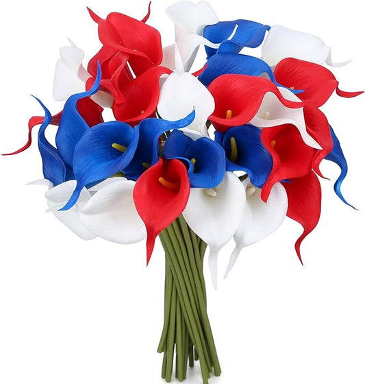 24 Pcs Patriotic Calla Lily Flower 4th of July Artificial Flowers Fake Blue White Red Silk Flowers Real Touch for Independence Memorial Day