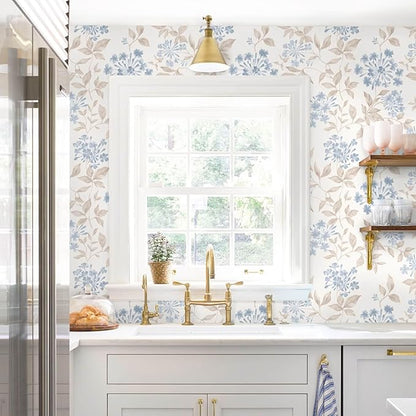 Heroad Boho Floral Wallpaper Blue/Beige Peel and Stick Wallpaper Neutral Leaf Contact Paper Removable Self Adhesive Wall Paper for Cabinet Bedroom Bathroom Waterproof Decor Vinyl Roll 17.3''x78.7''