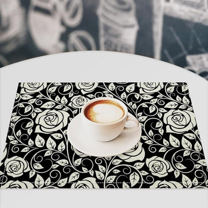 Retro Flowers Placemats Set of 6, 17x12 Inch Modern Aesthetic Black White Florals Leaves Art Print Table Mats for Home Party Kitchen Dining Decor