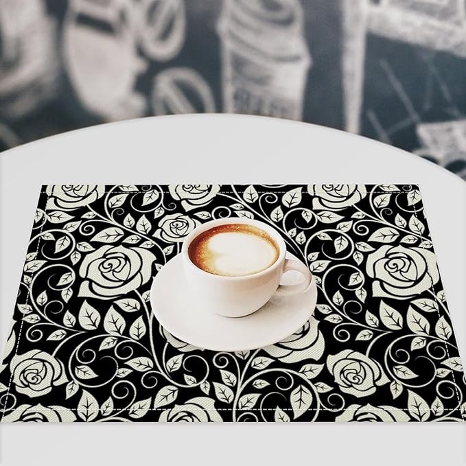 Retro Flowers Placemats Set of 8, 17x12 Inch Modern Aesthetic Black White Florals Leaves Art Print Table Mats for Home Party Kitchen Dining Decor