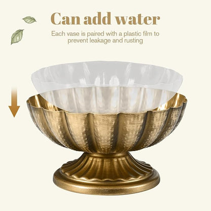 Set of 4, 7'' Wide 3.94'' High Distressed Gold Compote Pedestal Vases, Vintage Antique Urn Gold vases for Centerpieces, Metal Compote Bowl Vase for Wedding Centerpieces