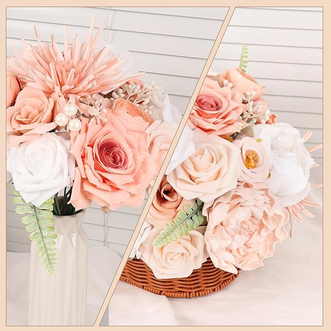 Artificial Flowers Combo Box Set Artificial Bouquets Wedding Flowers for Centerpieces Faux Flowers with Stems Peach Roses Artificial Flowers for Decor