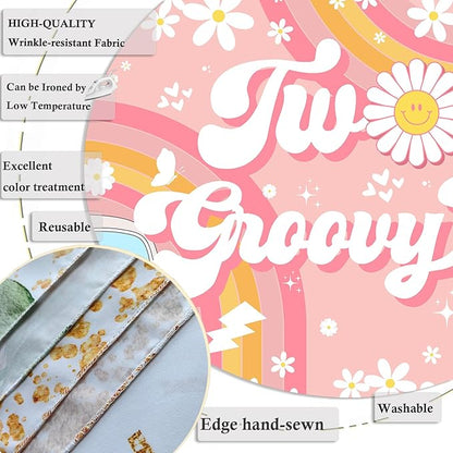Two Groovy 2nd Birthday Backdrop for Girls Daisy Flower Boho Rainbow Photography Background Retro Hippie Peace Love Second Birthday Party Decorations Banner Supplies Photo Booth Props 7x5ft
