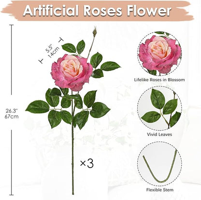 Hollyone 3Pcs Pink Roses Artificial Flowers Bouquets 26.3" Fake Flower Arrangements Silk Flowers Rose with Long Stem Floral Branch Faux Roses Flowers DIY Wedding Party Table Centerpieces Home Decor